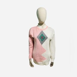 Vintage Design Zone Two Turtle Neck Knitted Pink & white Color Block Sweater 2X